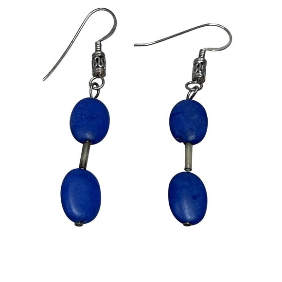 Blue Stone Dangle Earrings Silver Bead Hook - Picture 1 of 4
